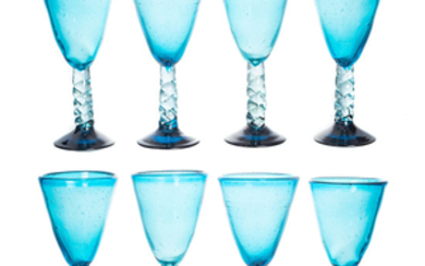 Set of eight blow blue glass stems