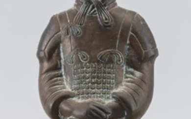 CHINESE BRONZE FIGURE OF A WARRIOR Standing on a square base. Height 9".
