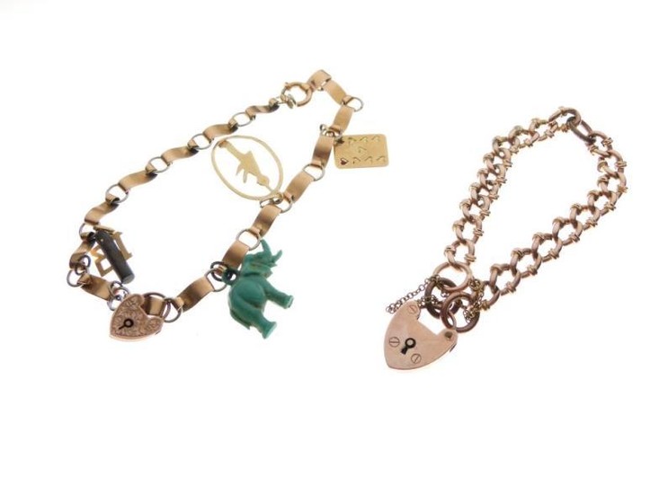 9ct gold fancy curb-link bracelet with heart-shape padlock, together...