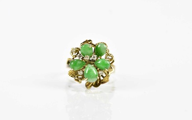 A 14ct yellow gold jade and diamond flowerhead ring, size...