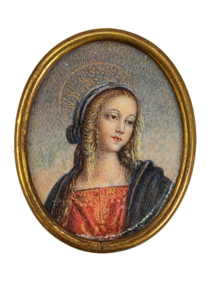 A 19TH C. HAND-PAINTED MINIATURE OF VIRGIN MARY