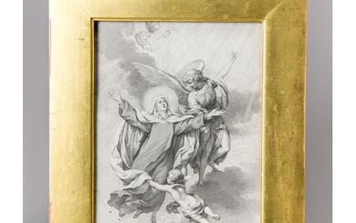 A 19TH CENTURY RELIGIOUS ENGRAVING WITH ANGELS AND CHERUBIM....