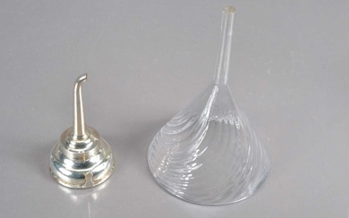 A 19th Century silver plate wine funnel and a larger writhen glass example