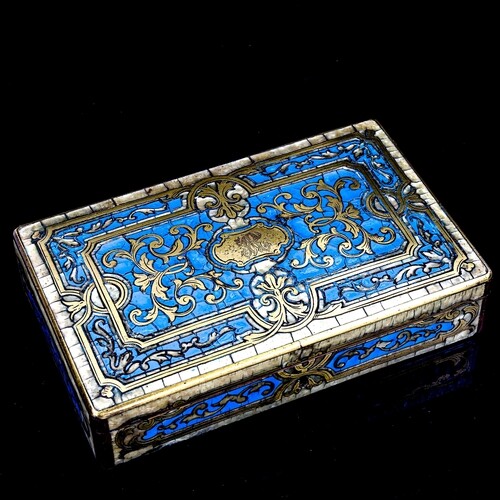 A 19th century brass marquetry and enamel inlaid sewing case...
