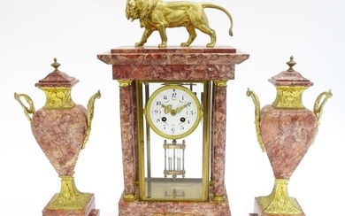 A 19thC French Three-Piece Clock Garniture, by Marti, having a white dial with floral garland swags