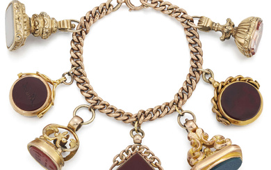 A 9ct gold curb-link bracelet, suspending a collection of fobs,...