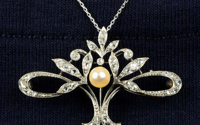 A Belle Époque platinum, pearl and diamond pendant, with later chain.