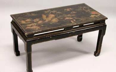 A CHINESE BLACK LACQUER LOW TABLE, with Chinoiserie