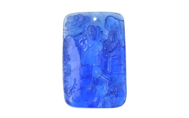 A CHINESE BLUE PEKING GLASS 'FIGURAL' PLAQUE 晚清 藍套料人物故事圖紋子岡牌