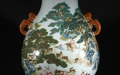 A CHINESE FAMILLE ROSE HUNDRED DEERS ZUN VASE