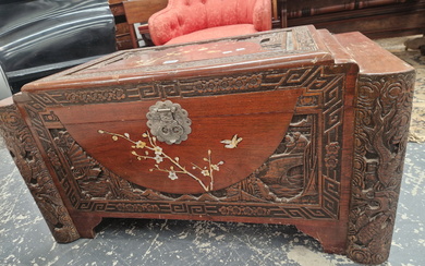 A CHINESE HARD WOOD COFFER, THE LID INLAID IN MOTHER OF PEARL WITH A SPRAY OF CHERRY BLOSSOM
