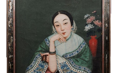 A CHINESE OIL ON CANVAS 'LADY' PAINTING