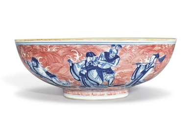 A COPPER-RED AND UNDERGLAZE-BLUE 'EIGHT IMMORTALS' BOWL, QIANLONG SEAL MARK AND PERIOD