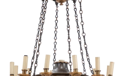 A Charles X gilt and patinated bronze ten light chandelier, the 12...