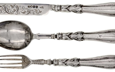 A Child's Silver Dining Set A child's knife fork and spoon set in the French manner, fine quali...