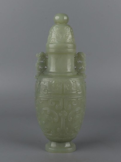 A Chinese Celadon Jade carved vase with lid - Celadon Jade - China - second half 20th C