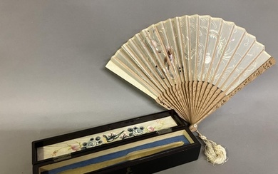A Chinese gauze fan, Ming Dynasty, the wood monture carved, ...