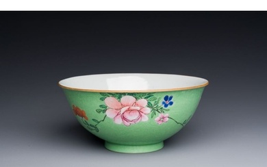 A Chinese green-sgraffito-ground famille rose bowl, Qianlong...