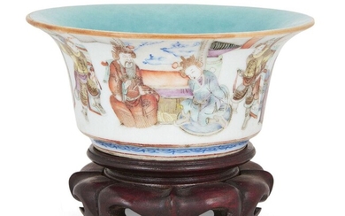 A Chinese porcelain famille rose bowl, Tongzhi mark and of the period, painted with figures in a scholar's study, with two figures riding on horseback across a garden landscape, iron-red six-character seal mark to base, 15.8cm diameter