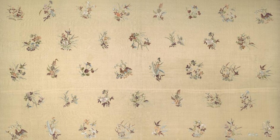 A Chinese silk embroidered panel, in the European style, 20th century, with multiple sprays of leave and flowers incorporating insects, butterflies and cockerels, in a modern ebonised frame, 71 x 140cm