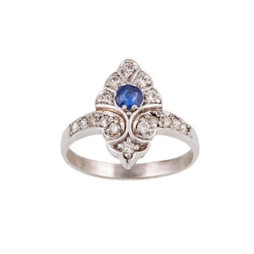 A DIAMOND AND SAPPHIRE PLAQUE RING, set with circular stones...