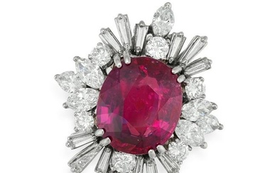 A FINE 8.36 CARAT UNHEATED RUBY AND DIAMOND CLUSTER RING in 18ct white gold, set with an oval cut...