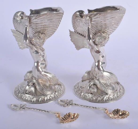 A FINE PAIR OF VICTORIAN SILVER MERMAID SALTS by Smith