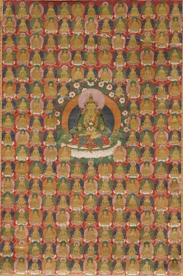 A FINE THANGKA OF AMITAYUS AMIDST 200 LITTLE EMANATIONS OF HIMSELF.
