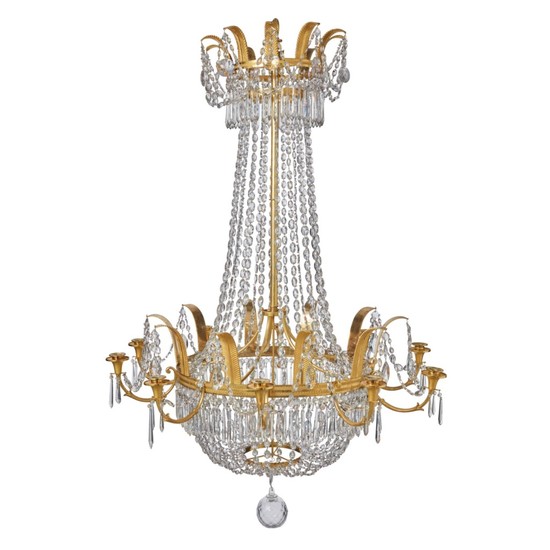 A FRENCH EMPIRE GILT BRONZE AND CUT CRYSTAL TEN-LIGHT CHANDELIER, CIRCA 1810
