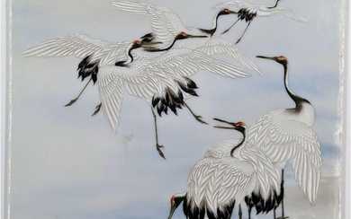 A Fine Japanese Porcelain Tile With Red-Crowned Cranes