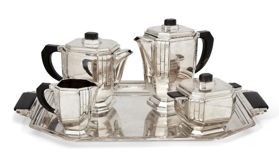 A French Art Deco silver plated coffee and tea set, by Argental, circa 1930, each part stamped with manufacturer's marks, Tray: 55cm x 34cm; Coffee pot: 20.5cm high; Teapot: 17cm high; Milk jug: 10.5cm high; Sugar pot: 12cm high