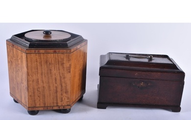 A GEORGE III MAHOGANY TEA CADDY together with a large satinw...