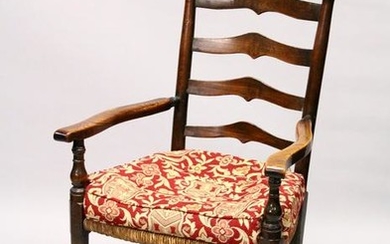 A GOOD 18TH CENTURY OAK LADDER BACK ARMCHAIR, with