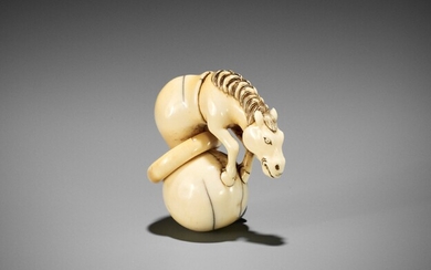 A GOOD IVORY NETSUKE OF CHOKARO’S HORSE EMERGING FROM A DOUBLE GOURD