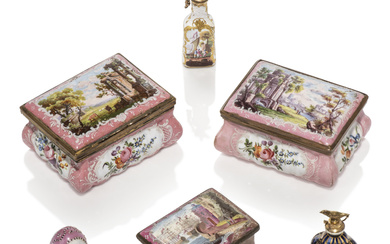 A GROUP OF SIX GILT-MOUNTED ENAMEL AND PORCELAIN SNUFF-BOXES, VINAIGRETTE AND SCENT BOTTLE STAFFORDSHIRE, SECOND HALF OF THE 18TH CENTURY; ONE SCENT BOTTLE GILT-MOUNTED CHELSEA PORCELAIN, CIRCA 1760
