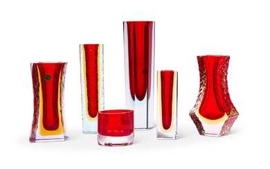 A GROUP OF SIX RED MURANO GLASS VASES, 20TH CENTURY