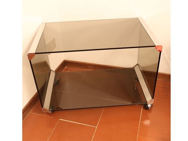 A Gallotti & Radice fumé crystal and chromed metal service trolley Seventies