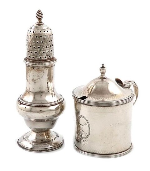 A George III silver mustard pot, by John Emes, London 1798, circular form, engraved decoration, scroll handle, domed cover with an urn finial, engraved with a crest, height 8.5cm, plus a George III silver caster, of baluster form, London 1781, approx...