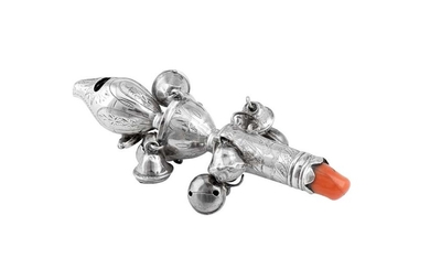 A George III sterling silver and coral babies rattle, London 1798 by Peter and Ann Bateman