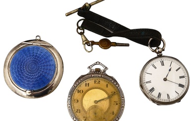 A George V silver and blue guilloche enamel powder compact and two pocket watches