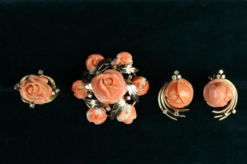 A Gold, Coral & Diamond Brooch, Ring & Earrings. The brooch centred by a carved rose bloom surrounde