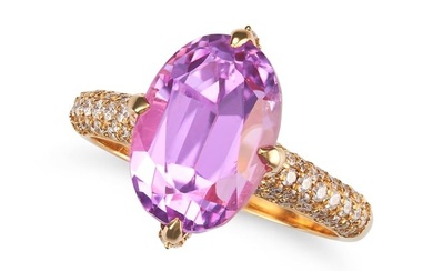 A KUNZITE AND DIAMOND RING set with an oval cut kunzite of 8.28 carats, the claw setting and band...