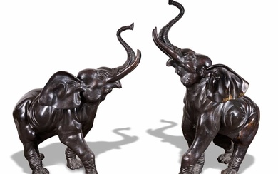 A LARGE AND IMPRESSIVE PAIR OF JAPANESE-STYLE BRONZE AFRICAN ELEPHANTS