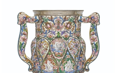 A LARGE SILVER-GILT AND CLOISONNÉ ENAMEL THREE-HANDLED CUP