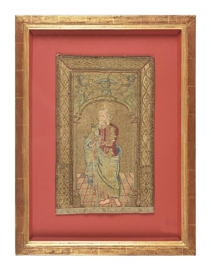A LATE GOTHIC EMBROIDERED PANEL DEPICTING A SAINT, GERMAN 16TH CENTURY