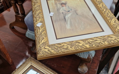 A LTD EDITION PRINT AFTER SIR WILLIAM RUSSEL FLINT, TOGETHER WITH A GILT FRAMED SMALL WALL MIRROR.