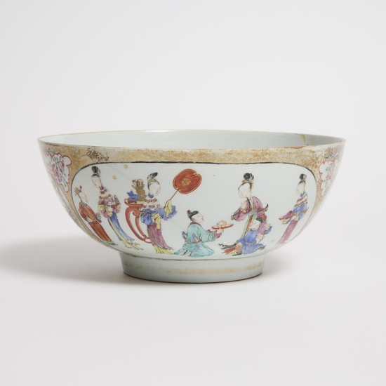 A Large Chinese Export Famille Rose 'Figural' Punch Bowl, Qianlong Period, Circa 1750-1770