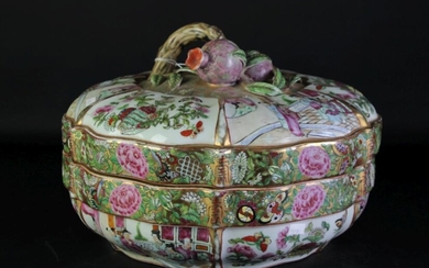 A Large Famile Rose Lidded Pot With Organic Form Handle Dia 37cm