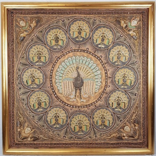 A Large Framed Khayyam-esque Peacock Tapestry. Elegantly wov...