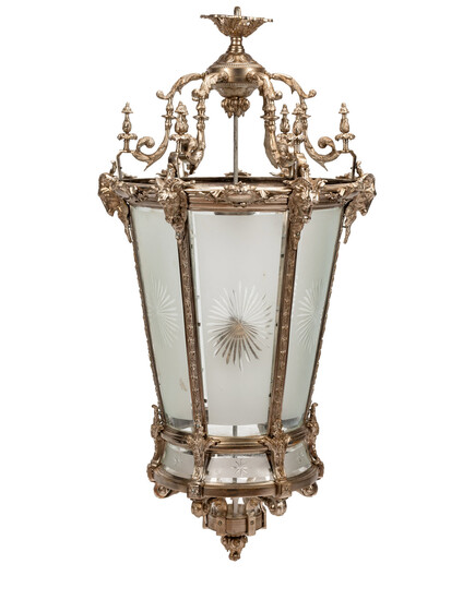 A Large Neoclassical Style Silvered Bronze and Etched Glass Hall Lantern